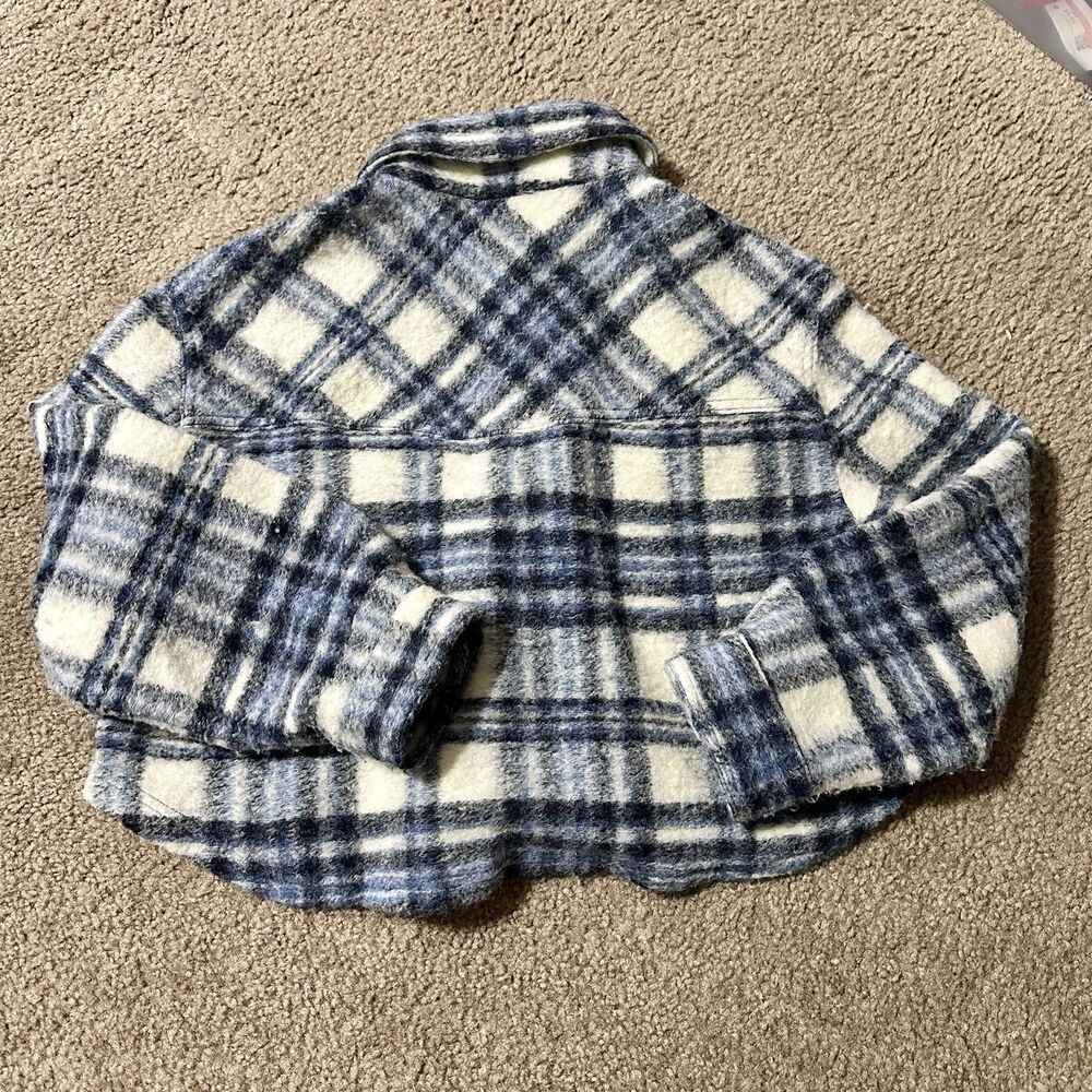 Zara Plaid Cropped Jacket Shacket Blue/Cream Button Front Size S - Picture 11 of 11